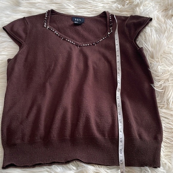RQT brown beige white shirt sleeve v neck beaded bedazzled blouse top shirts M - Picture 7 of 16